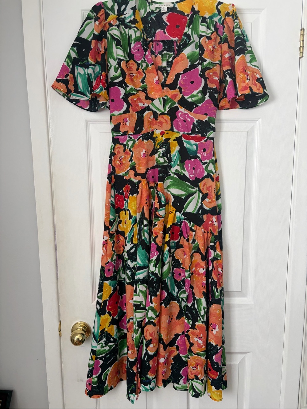 Topshop Floral Plunge V-Neck Flutter Sleeve Midi Dress US 4 / UK 8 Bold Watercol